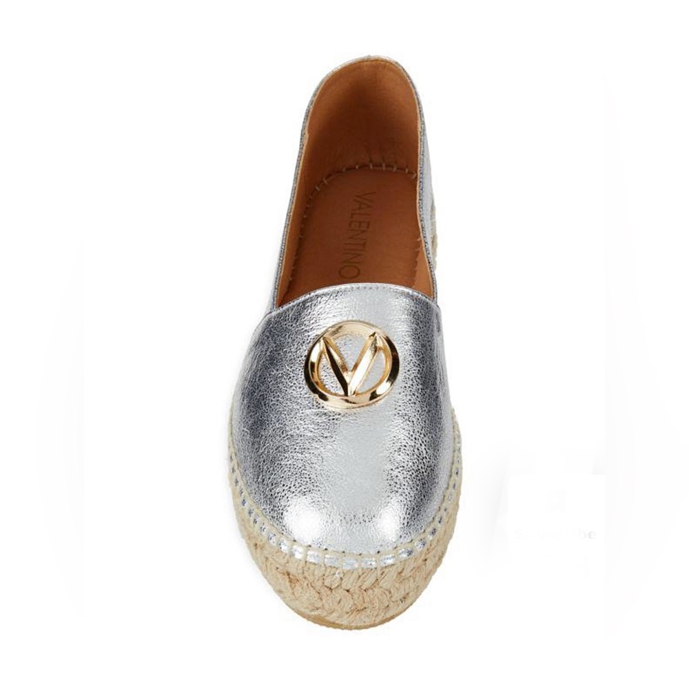 Valentino Silver Espadrille Shoe Size 9 Gold Logo Platform Jessica Closed Toe - Picture 14 of 17